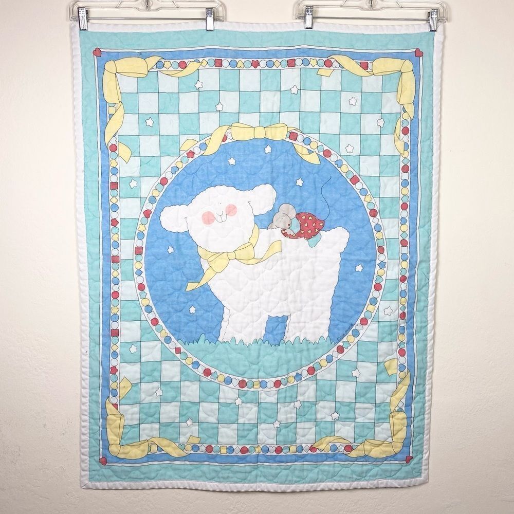 Vintage Quilted Lamb Sheep and Mouse Crib Size Baby Blanket